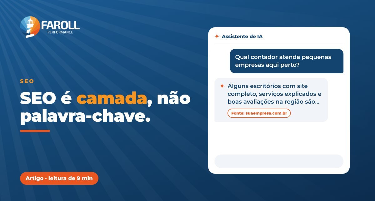 Capa do artigo da Faroll Performance sobre SEO para pequenas empresas com a frase SEO é camada, não palavra-chave e a ilustração de um assistente de IA citando o site de uma empresa.